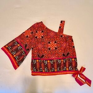 Chico's Cream, Brown and Orange Patterned One-Shoulder Blouse